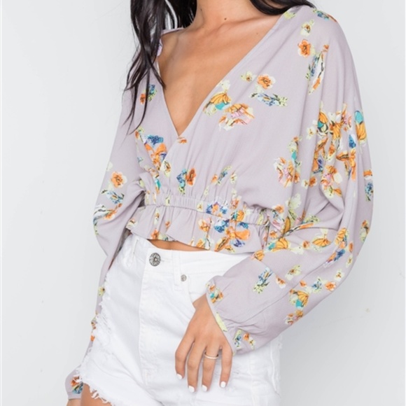 MAUVE BATWING FLORAL SURPLICE NECK TOP - Picture 2 of 4